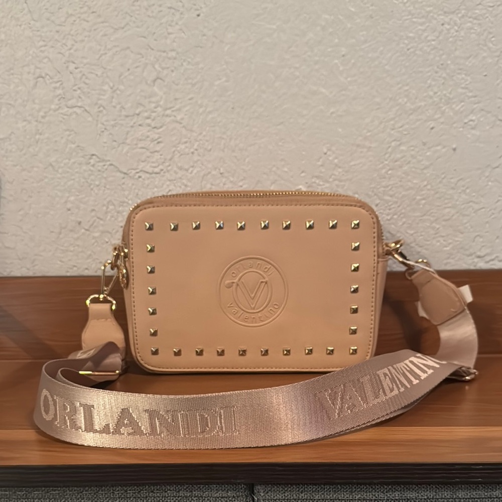 Valentino Orlandi Tan and Gold Crossbody Bag with Perforated Detailing